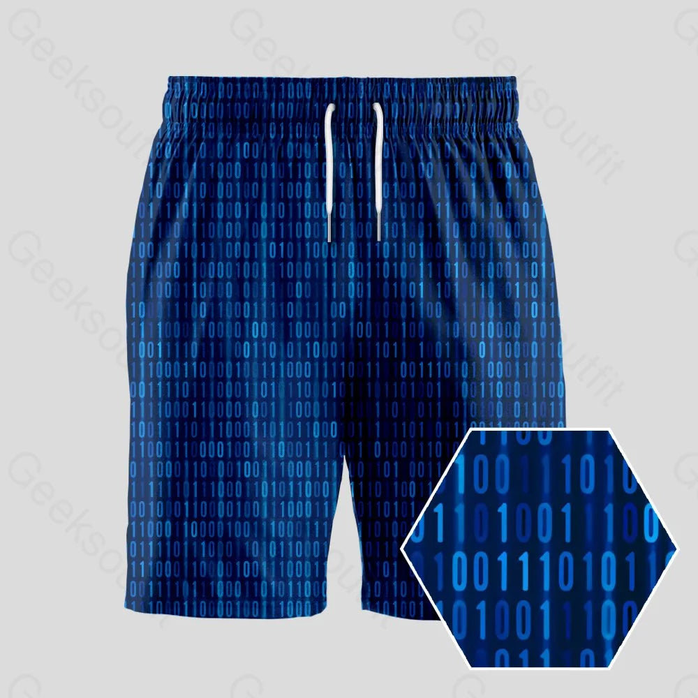 Binary Computer 1s and 0s Blue Geeky Drawstring Shorts