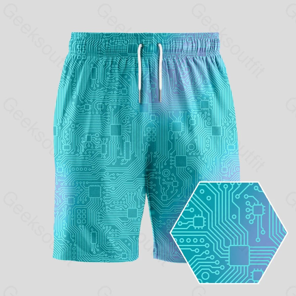 Computer Circuit Board Lake Green Geeky Drawstring Shorts