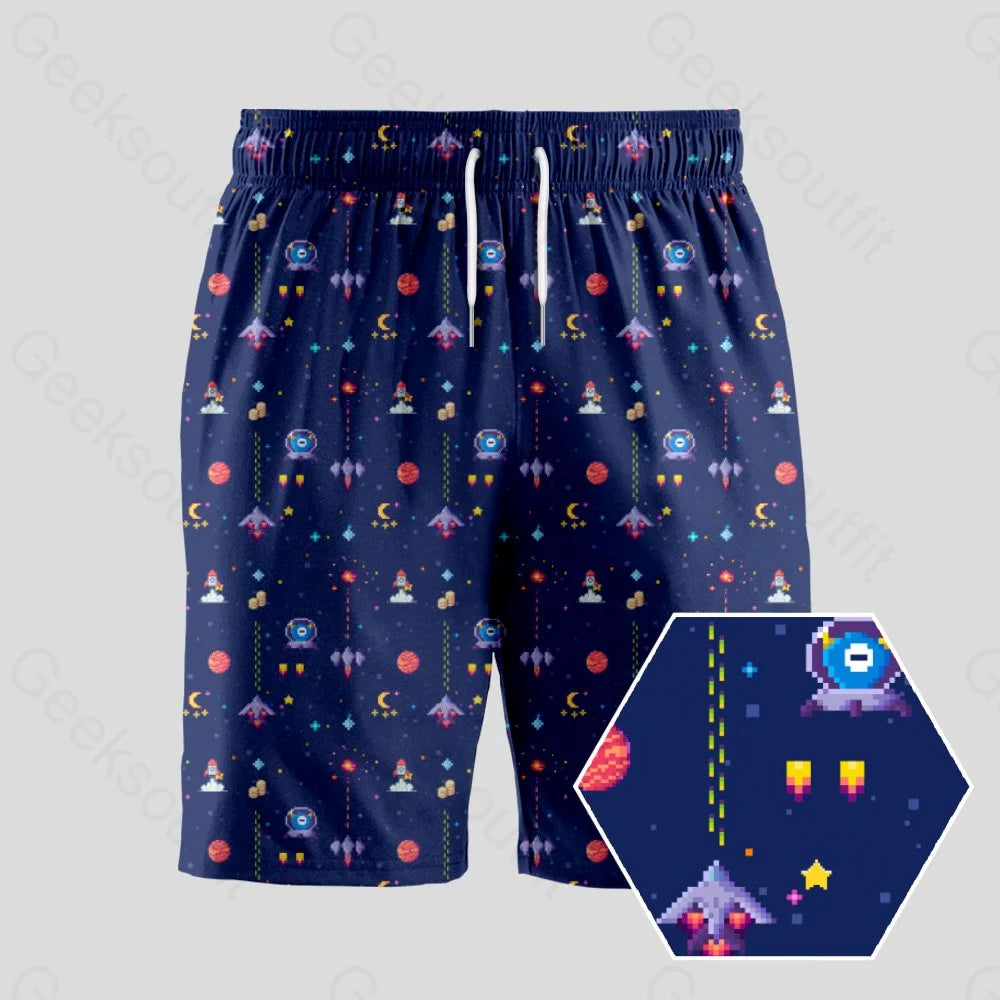 Retro Style Arcade Video Game featuring Space Blue Geeky Drawstring Shorts