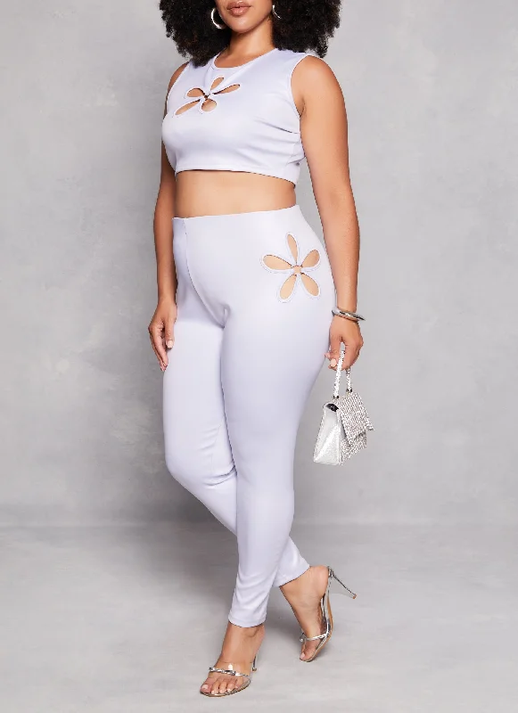 Plus Size Leather Look Flower Keyhole Leggings