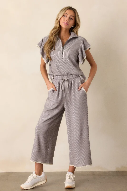 Anytime Now Grey Blanket Stitch Wide Leg Pants