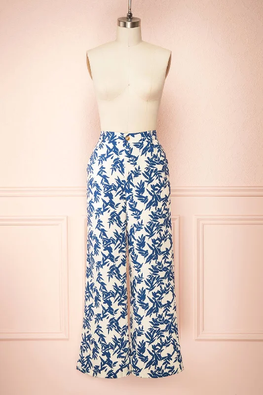 Beckham | Ivory & Blue High-Waisted Patterned Pants