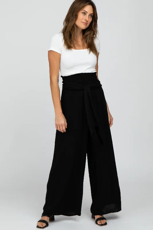 Black High Waist Tie Front Wide Pants