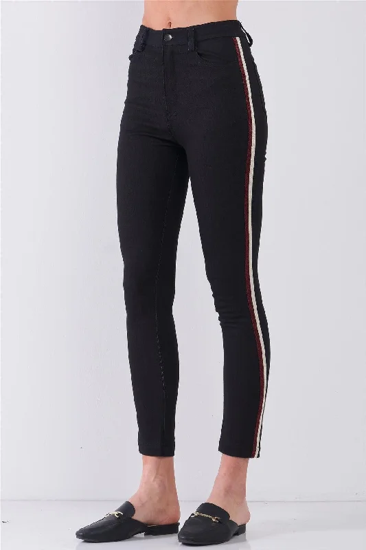 Black Mid-Rise Glitter Multi-Stripe Side Trim Detail Skinny Pants