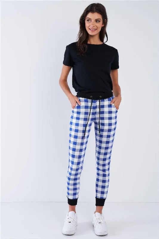 Blue And White Checkered Fitted Jogger Sweat Pants