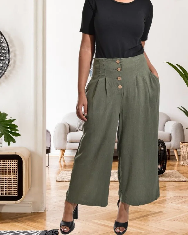 Ladies Olive Wide Leg Pants