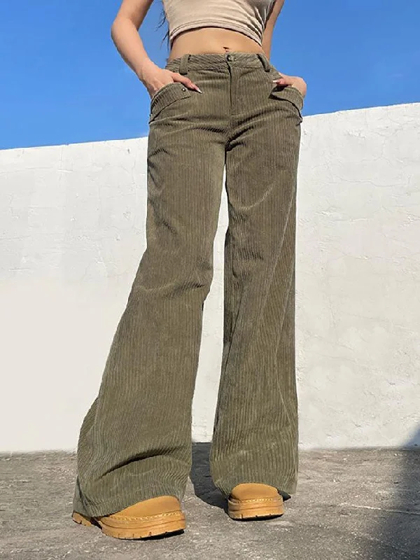 Cuffed Pocket Loose Corduroy Casual Pants