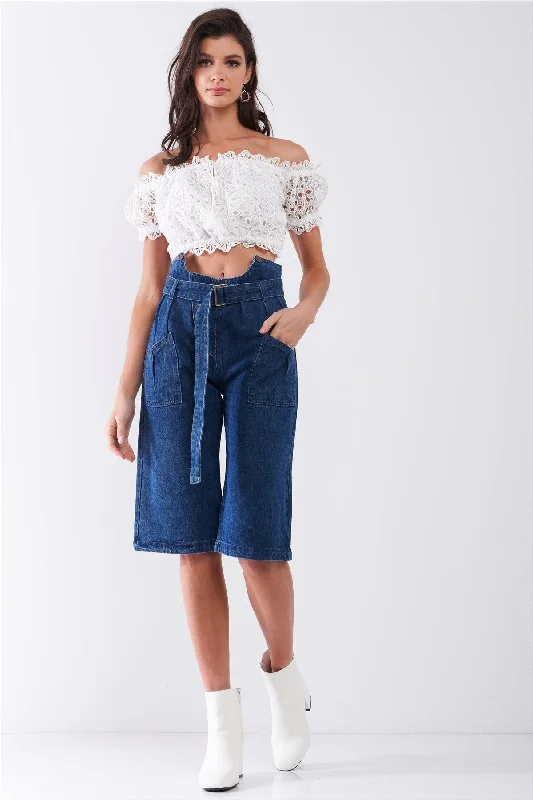 Dark Blue Denim Front Cut-Out High-Waist Buckle Self-Tie Belt Detail Midi Flare Jean Pants