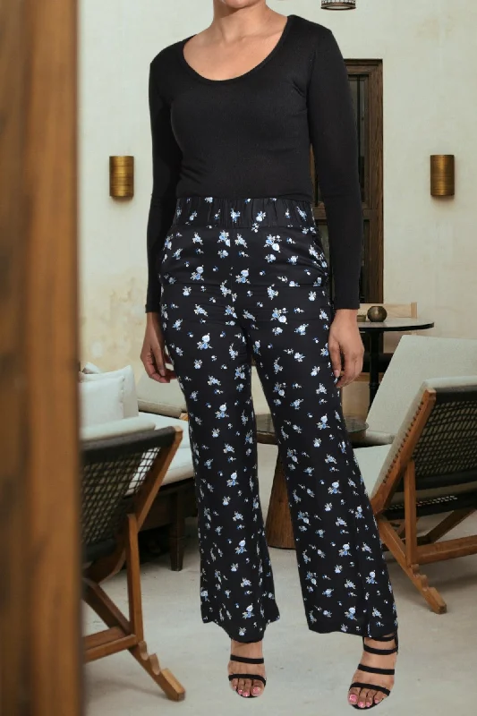 Black Floral Elastic Waist Pants