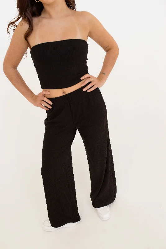 Lucille Black | Ribbed Wide Leg Pants