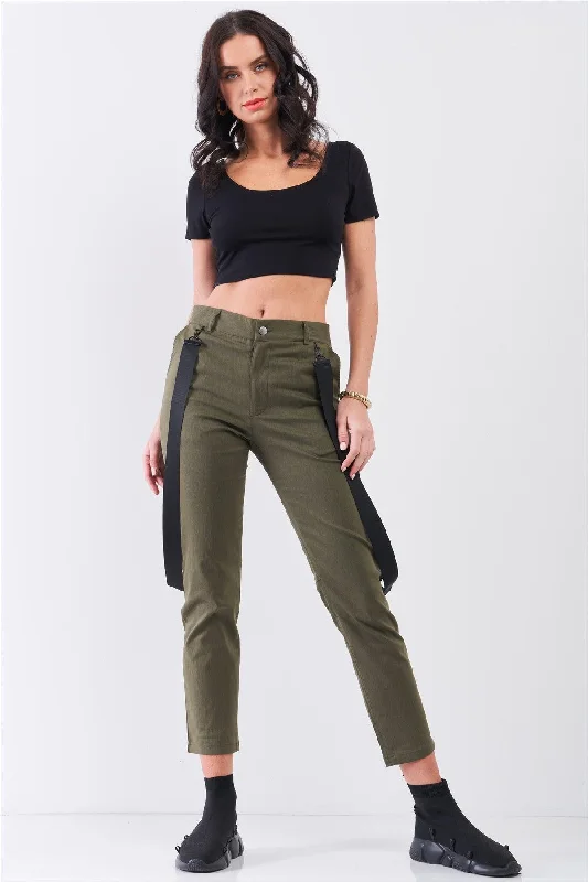 Olive Mid-Rise Detachable Utility Straps Detail Straight Cut Pants