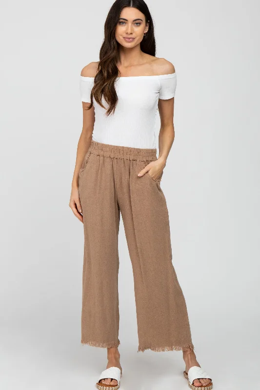 Taupe Linen Frayed Hem Crop Pants