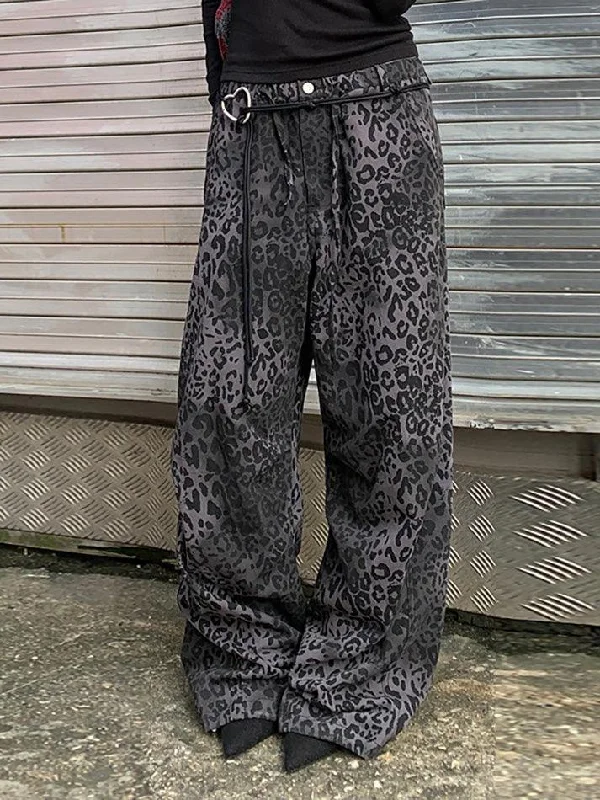 Vintage Leopard Print Wide-Leg Straight Pants