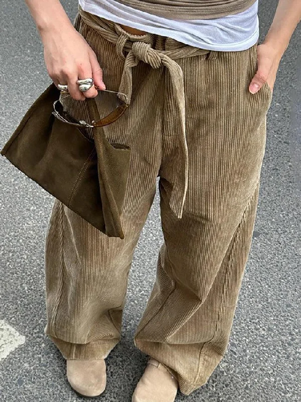 Vintage Tie Corduroy Striped Straight Leg Pants